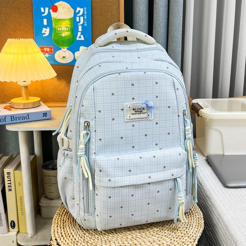 Schoolbag Japanese Fresh Color Sea Salt Blue Plaid Floral Schoolbag Female Sweet Atmosphere Junior and High School Girls Backpack