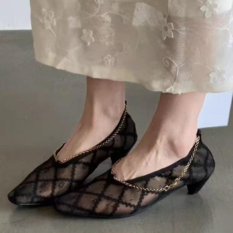 Fashion 2025 New Lace Mesh Breathable Single Shoes Women's Summer French Square Toe Slip-On Chain Mary Jane Flats
