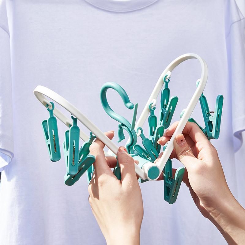 Portable Long Bar Foldable Plastic Clothes Drying Rack With Clips In Misty Blue