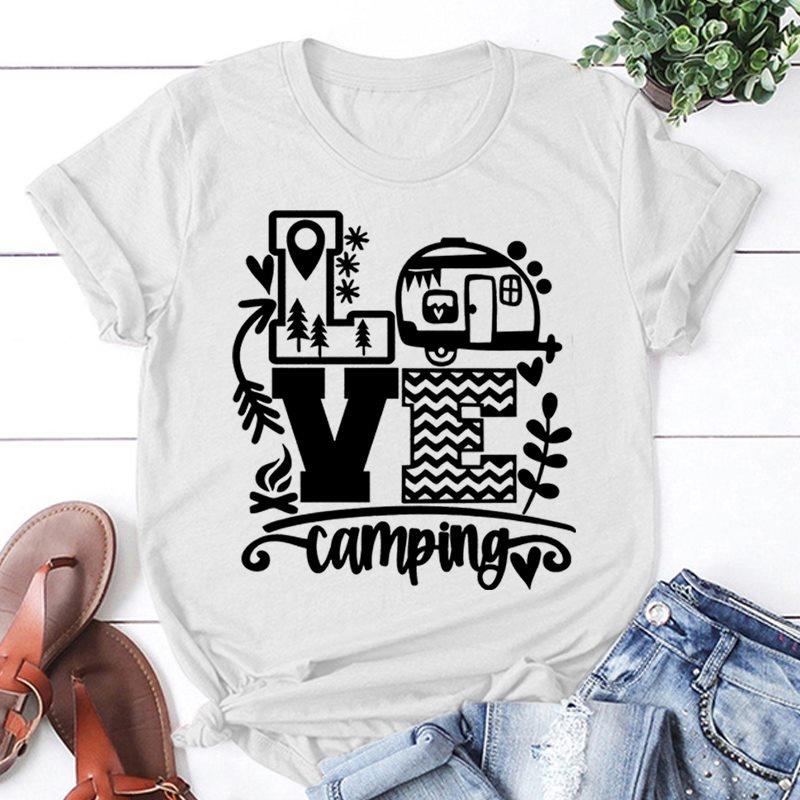 New Fashion Women T-Shirt Love Camping Print Short Sleeve Camper Casual Tee Round Neck Tops