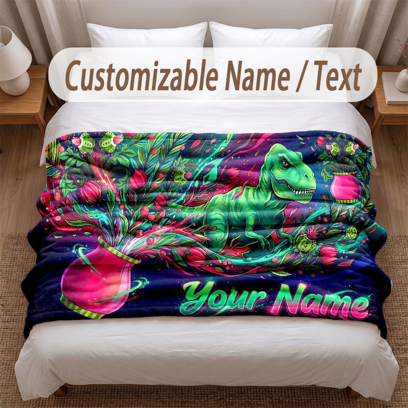 Dinosaur Theme Soft Blanket Personalized Custom Name Text Print Warm Blanket Home Sofa Bedroom Decor