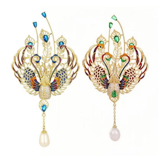 Women Brooch Sparkling Rhinestones Faux Pearl Phoenix Shape Lapel Pin Suits Coats Bags Scarves Badge Versatile Accessory
