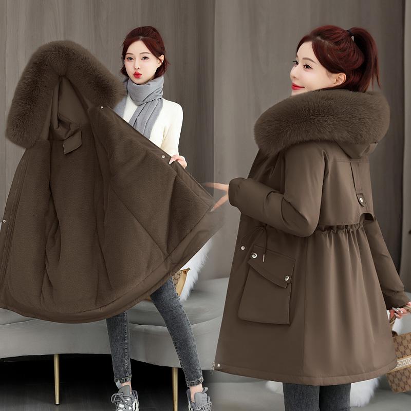 Mid To Long Autumn And Winter Women's Fashionable Warm And Plush Thick Solid Color Parka Coat