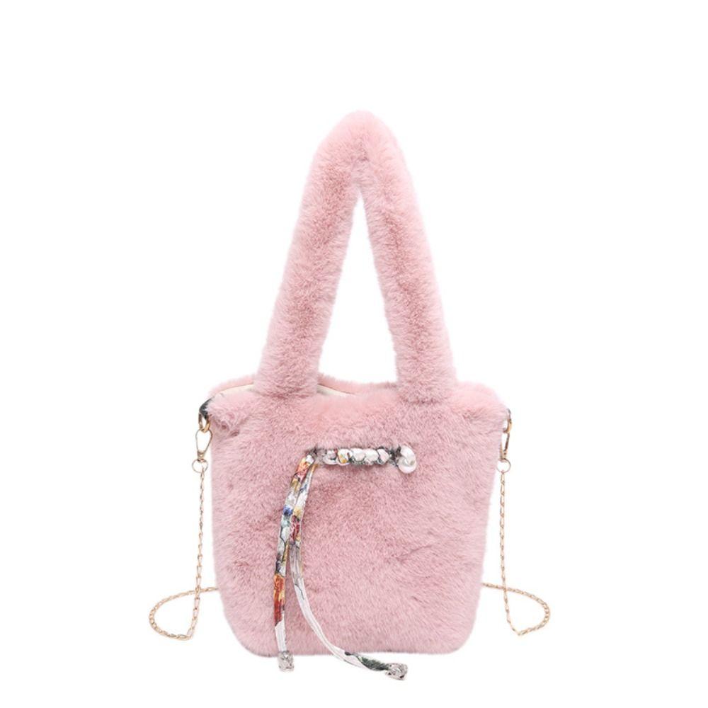 

Stringing Rope Furry Chain Handbag Metal Crossbody Bag Trendy Winter Shoulder Bag Shopping рожевий