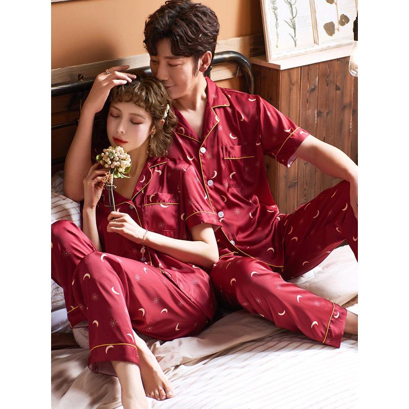 Summer Red Pajama Set for Couples: Ice Silk Zodiac Short Sleeve & Long Pants