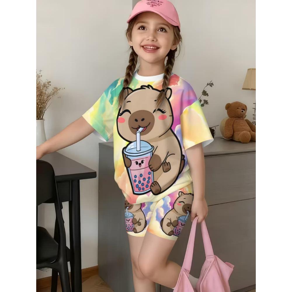 Conjunto de Camiseta Gráfica Divertida de Capibara para Niños de Verano Cuello Redondo Mangas Cortas Pantalones Cortos con Cintura Elástica Conjunto de 2 Piezas Ropa Casual para Niñas