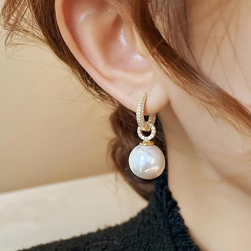 Huitan Elegant Gold Color Imitation Pearl Dangle Earrings for Women Brilliant Crystal CZ Wedding Daily Temperament Lady Zircon