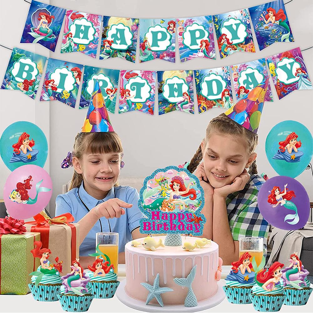Mermaid Birthday Banner With Cupcake Topper+Balloons Birthday Party Decorations