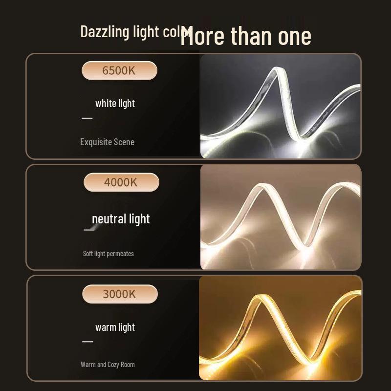 220V Waterproof Driverless COB LED Strip Light, Self-Adhesive for Outdoor, Home, and Ceiling Décor.