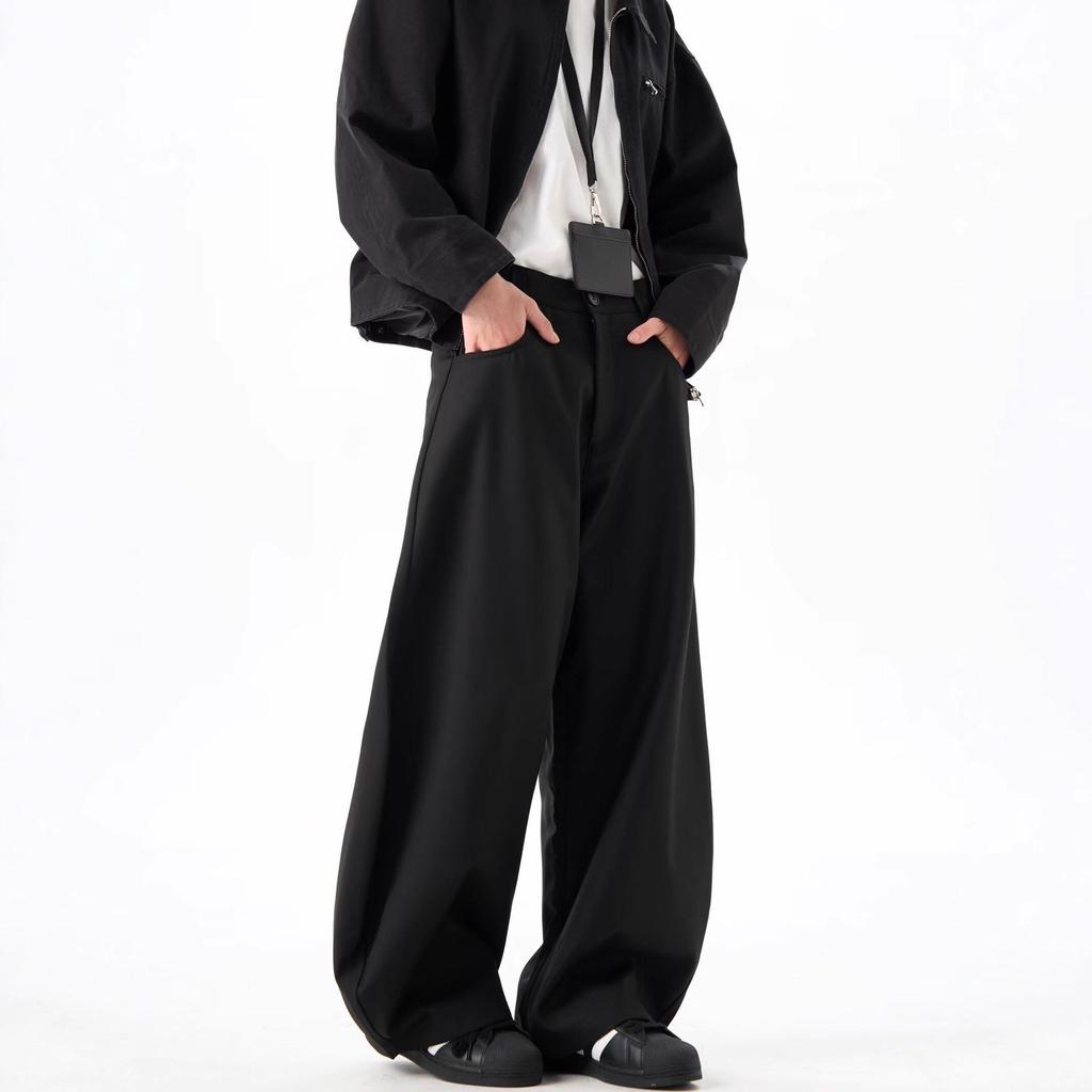 Unisex Retro Black Scimitar Wide-Leg Casual Pants for Spring & Autumn