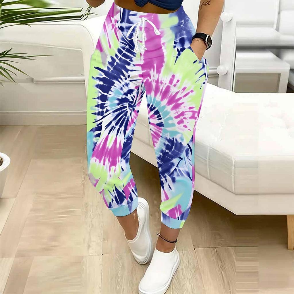 Summer Ladies Spiral Tie Dye Printed Sweatpants Loose Fit Drawstring Joggers Elastic Cuff Daily Casual Pants