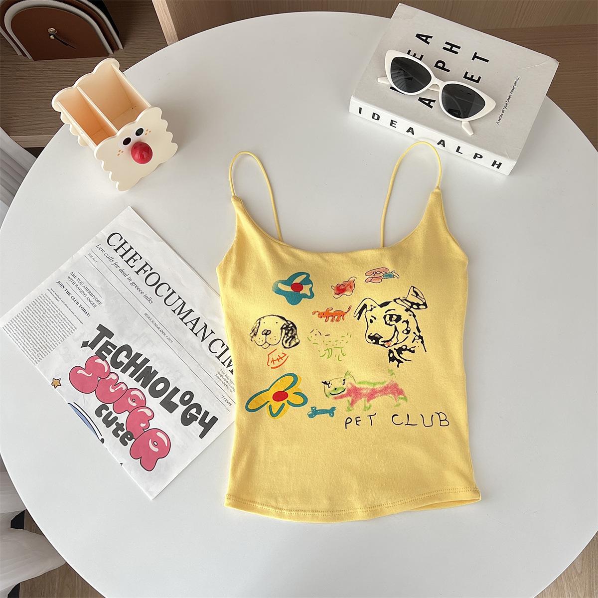 

Летние корейские топы на бретелях, женские милые майки с мультяшным принтом, топ на бретелях, женский сексуальный тонкий жилет-бретелька для женщин One Size