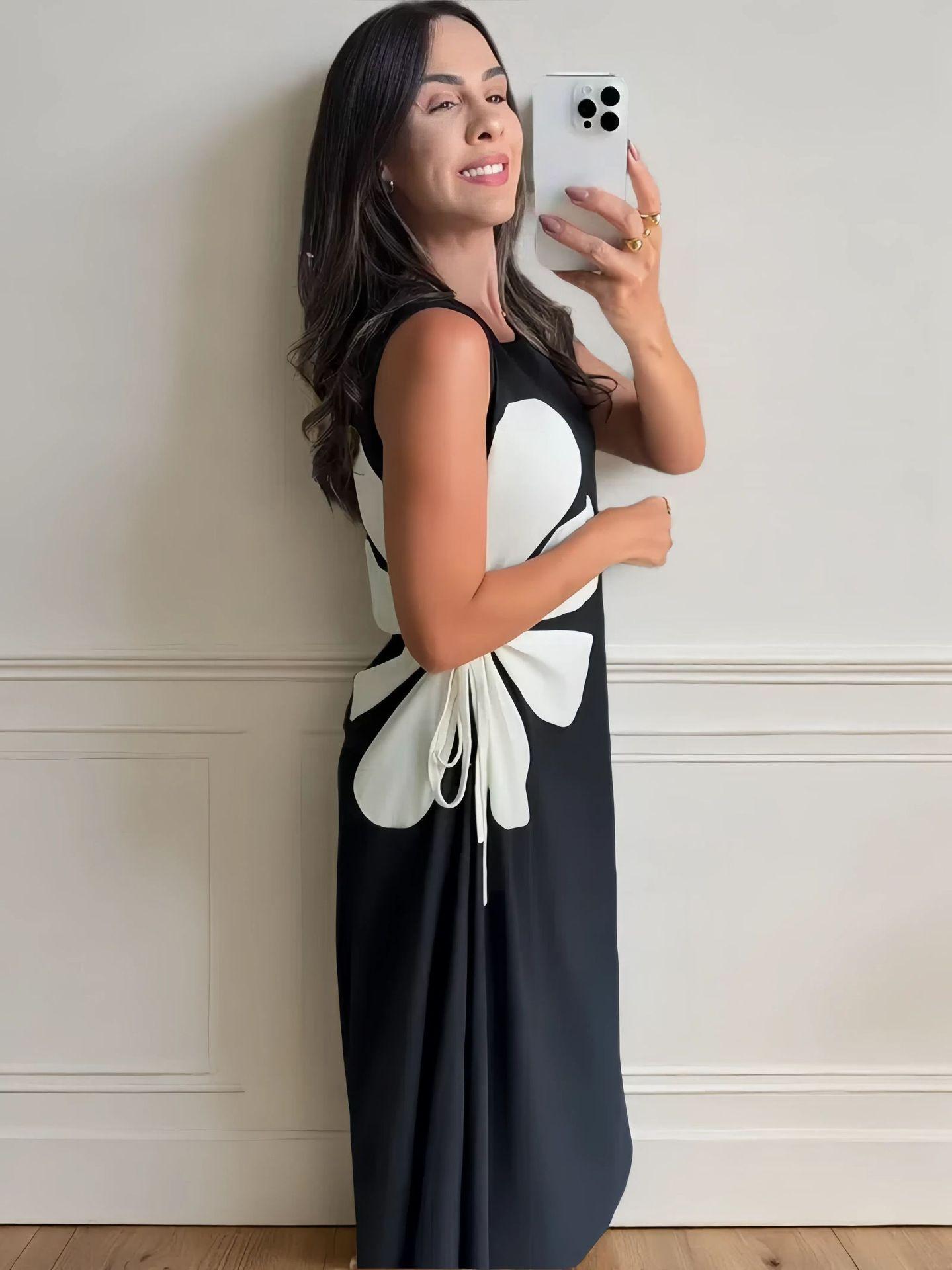 Summer European and American women s clothing big flower waist sleeveless round neck lace-up dress European and American style S