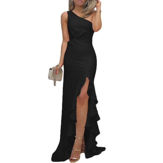 Women Sexy One Shoulder Ruffle Large Swing Slit Evening Party Slim Maxi Dress