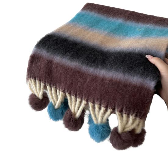 Women Scarf Rainbow Color Striped Scarf with Plush Balls Tassel Winter Thickened Warm Couple Scarf Versatile Wear