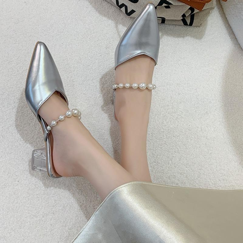 Fashion Women's Fashion Baotou Sandals Summer New Pointed Head Shallow Mouth Bead A Slip-on Wear Resistant Square Slippers With