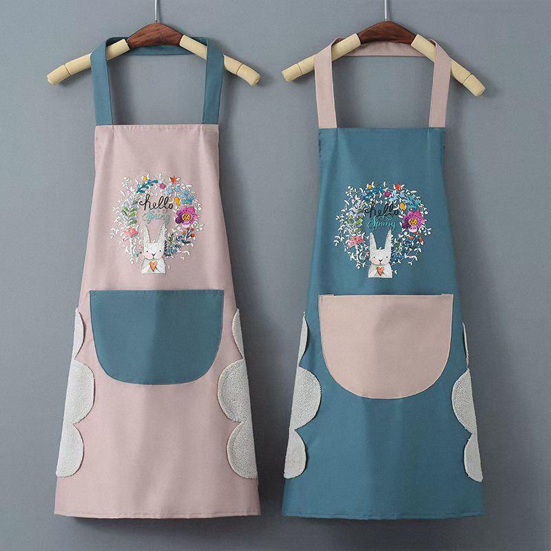 Waterproof & Stain-Resistant Coral Fleece Kitchen Apron - Wreath Rabbit Design, Halter Neck, Korean Style Cartoon.