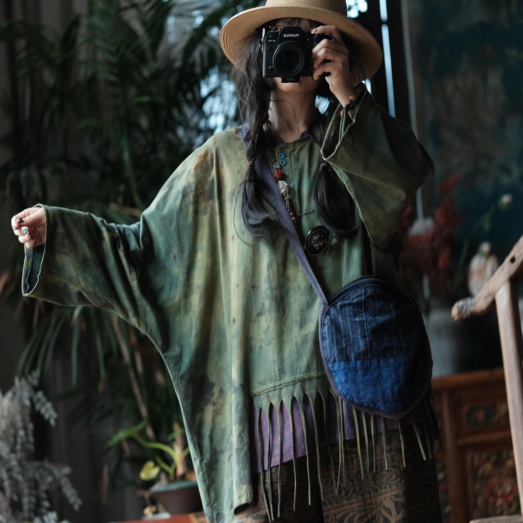 Johnature Women Vintage T-Shirts Spring Chinese Style O-Neck Long Sleeve Patchwork Tassel Soft Female T-Shirts