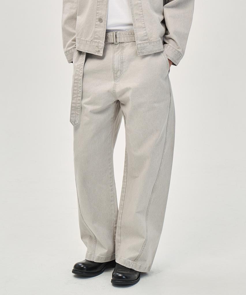 PRAIRIE Washed Curved Belt Pants (Light Gray)