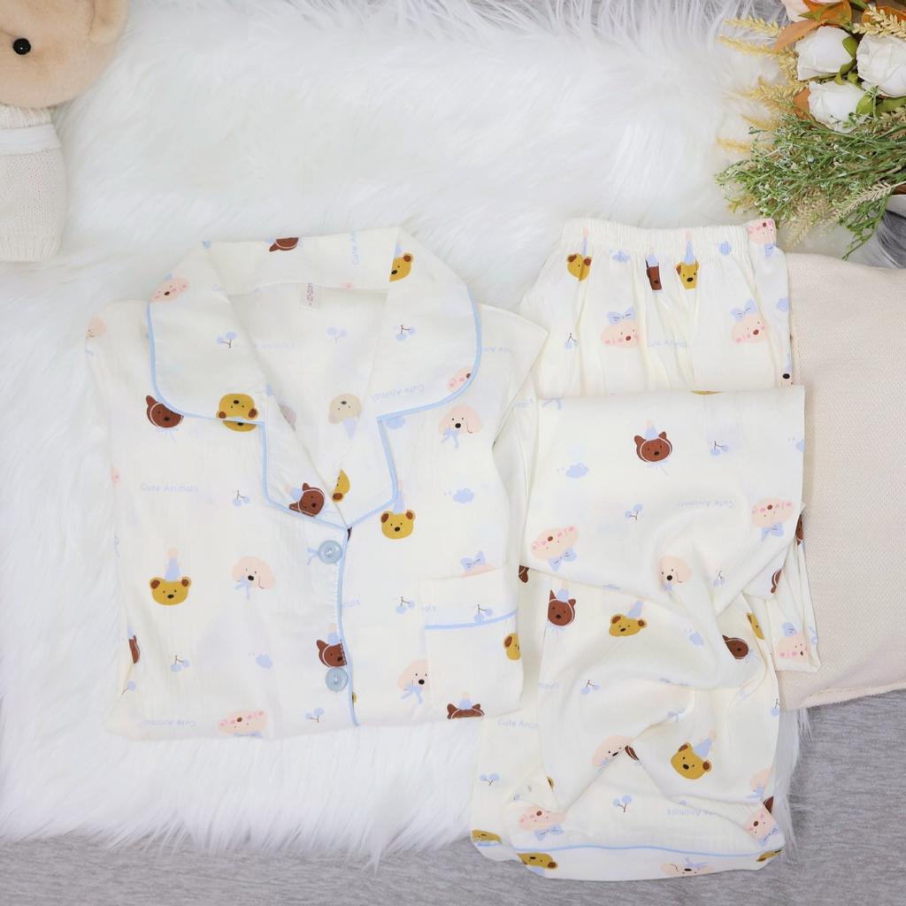 Cloud pure cotton yarn pajamas women's long-sleeved trousers spring and autumn suit cute puppy girl cardigan loungewear summer