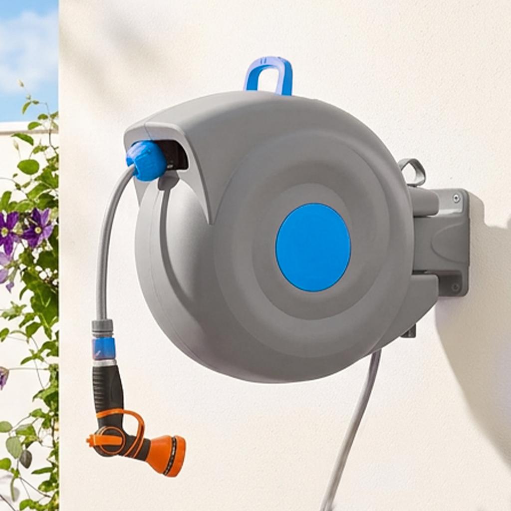 30m Automatic Garden Hose Reel Wall-Mounted, 9-Way Spray Gun, UV-Resistant, Frost-Resistant, 180° Swiveling – incl. Wall Bracket & Mounting Material
