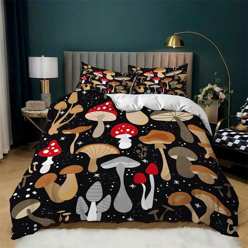 Pilz Bettbezug Set Cartoon Bettwäsche Set Naturpflanzen Druck Bettdeckenbezug Kissenbezüge King Für Kinder Erwachsene Schlafzimmer Deko