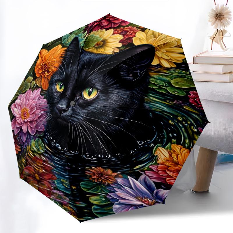 0106 Floral Black Cat  pattern, automatic folding umbrella, portable and foldable design, 8 ribs, a Christmas or birthday gift.