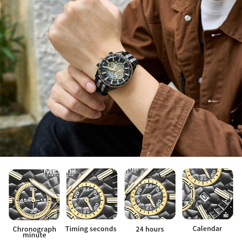 MEGIR Men's Sport Chronograph Watch, Outdoor Casual Quartz Wristwatch, 3ATM Water Resistance, Striped Canvas Band, Date Display