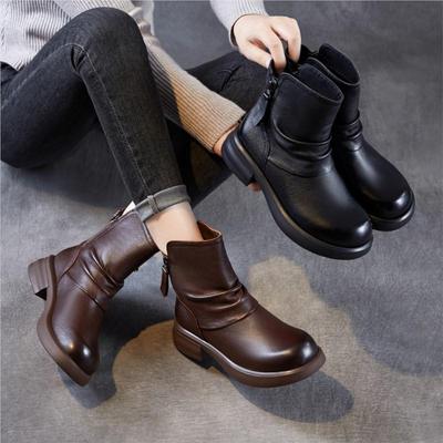 Echtes Leder Dicke Absätze Kurze Stiefel Vintage Plissiert Doppelreißverschluss Damenstiefel
