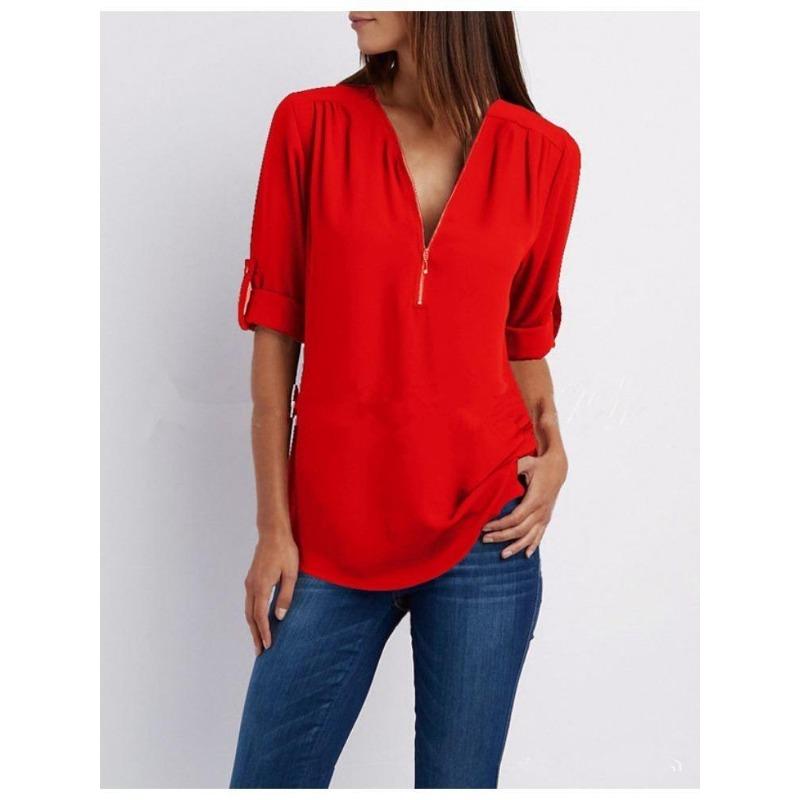 Women's Plus Size Loose Fit V-neck Chiffon Shirt with Long Sleeves and Adjustable Zipper