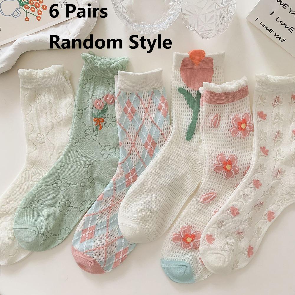 6 Pairs Flower Pattern Mesh Breathable Socks Hollow Mesh Cotton Anti-slip Summer Floral Socks Casual Breathable Middle Socks One Size