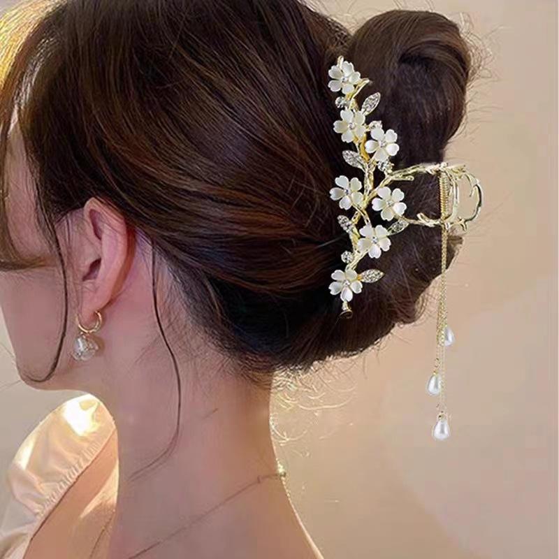 1Pc Super Fairy Pearl Fringed Rhinestone Flower Grab Clip Temperament Hairpin Female Head Coil Hair Catch Large Shark Clip Hairpin