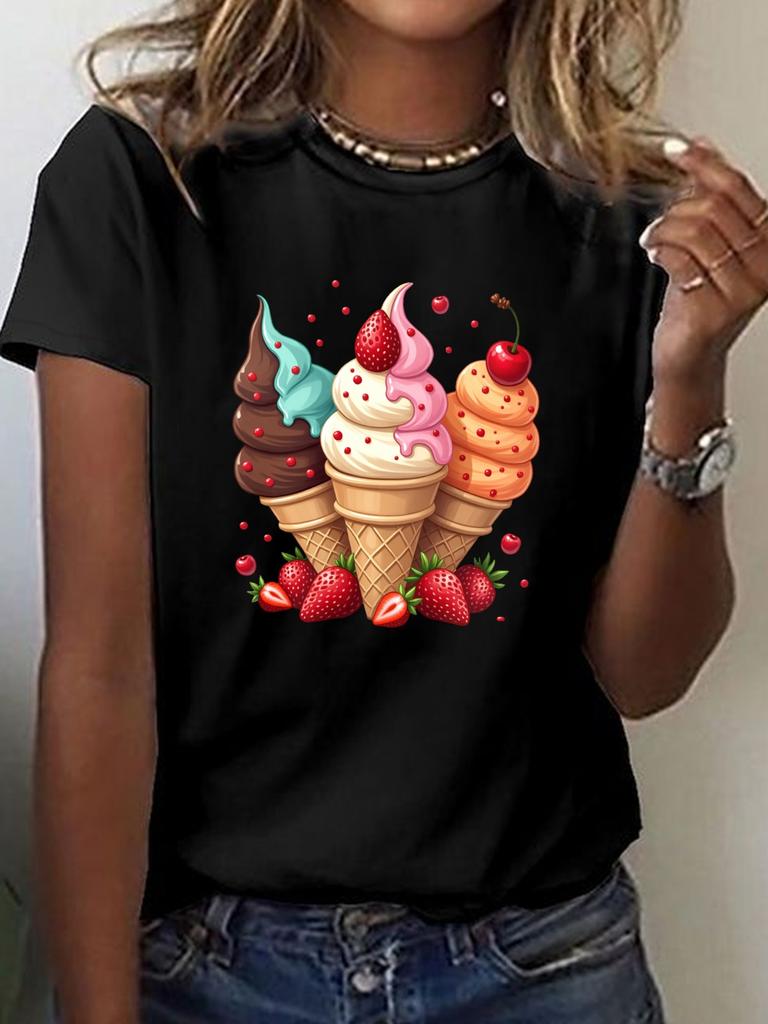 Vibrant Summer Spring Women TShirt Colorful Ice Cream Cone Strawberry Printed Harajuku Casual Round Neck Short Sleeve Women Top