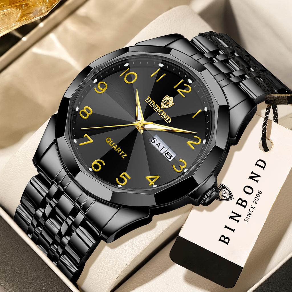 BINBOND Men's Quartz Watch Luxury Sturdy Luminous Waterproof Week Display Auto Date Accurate Stainless Steel Reloj