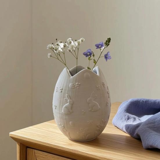 3D-gedruckte Osterei-Vase Kaninchen-Relief Eiform Blumenvasen Prägung Hase Blumenhalter Behälter Osterparty-Dekoration