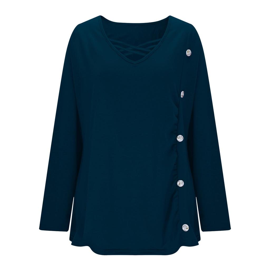 Ladies' Fashionable Casual Hollow V-neck Solid Color T-shirt Long Sleeved Top