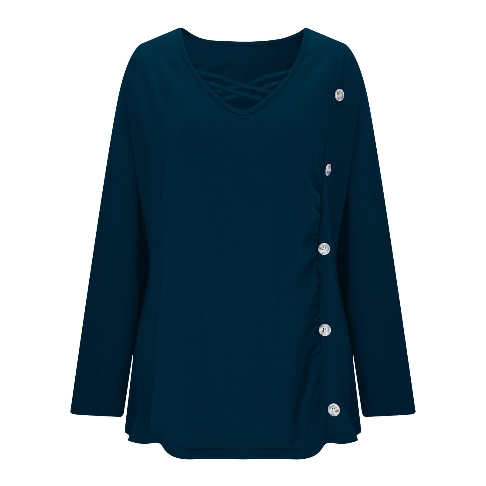 

Ladies Fashionable Casual Hollow V-neck Solid Color T-shirt Long Sleeved Top XXXXL синий