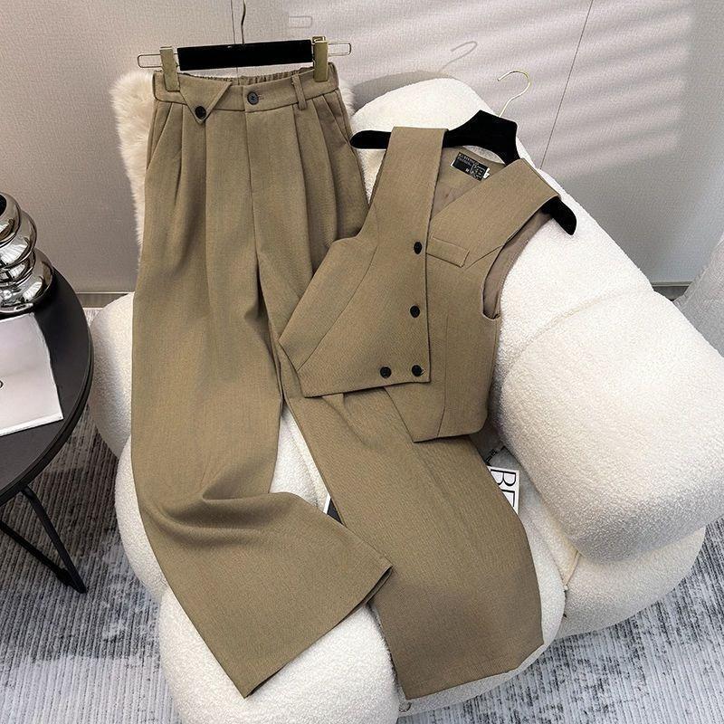Simple Sleeveless Suit Vest Casual Wide Leg Pants Two-piece Set for Women Elegant Suit Set