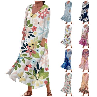 Women's Fashion Casual Print Round Neck 3/4 Sleeve Loose Pocket Dress