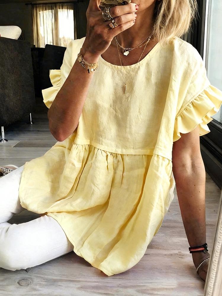 Women Solid Round Neck Ruffle Short Sleeve Blouse Loose Pleated Tunic Top Casual Summer Shirt