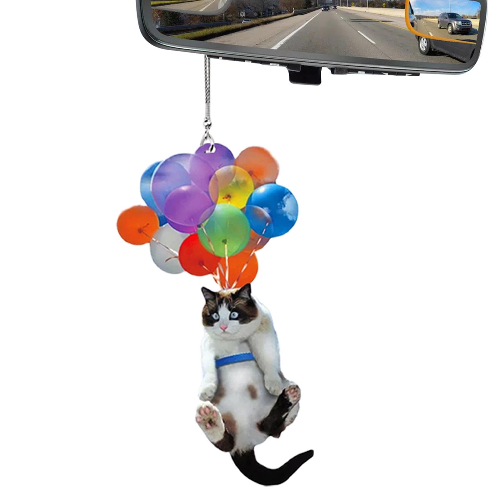 

Cat Car Mirror Hang Ornament, Car Interior Pendant, Colorful Balloon Kitten Car Trailer, Rearview Please refer to the description