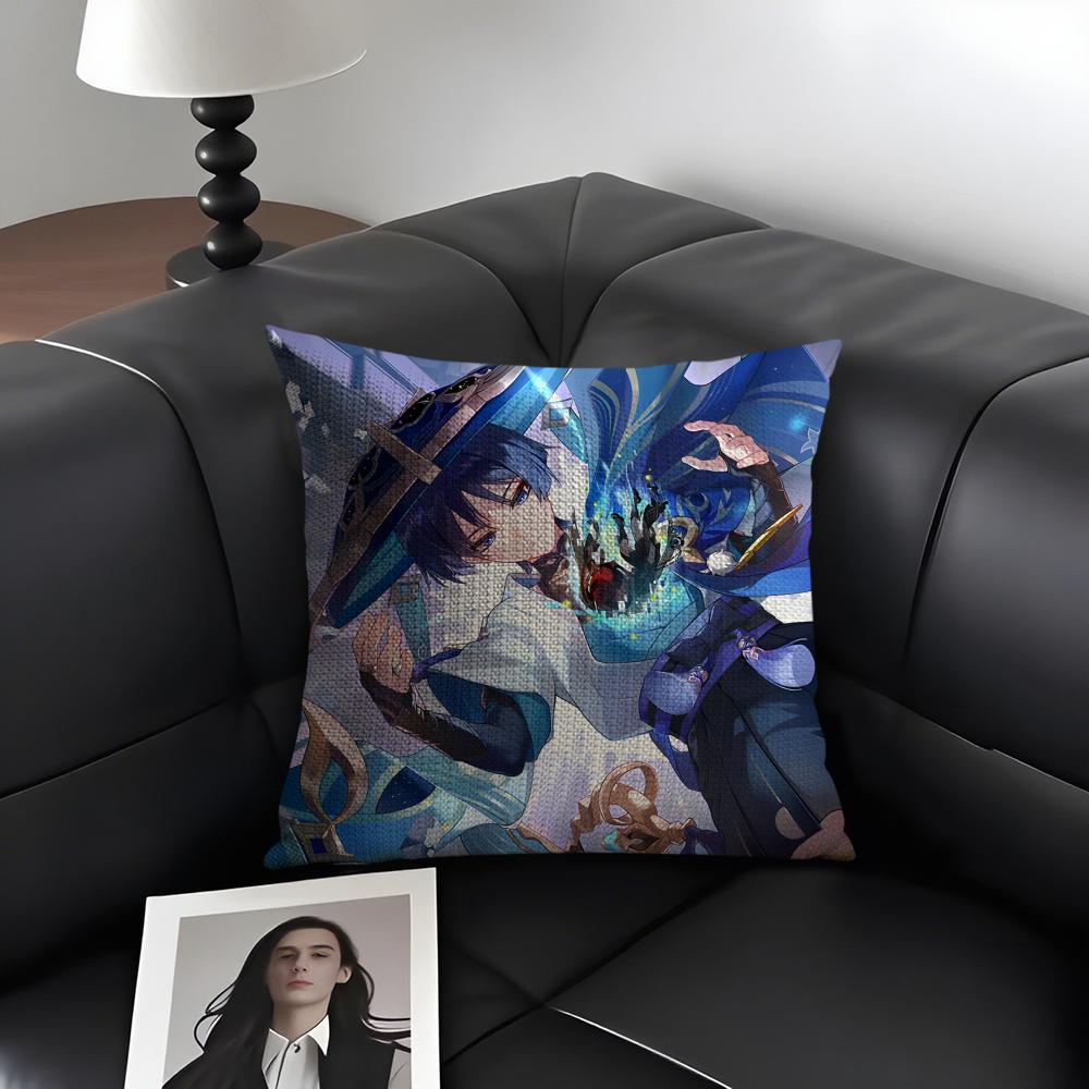 Scaramouche Genshin Impact Cushion Cover Natural Linen Organic Fabric Double-Sided Printing Sofa Home Decor Gift Pillow Case