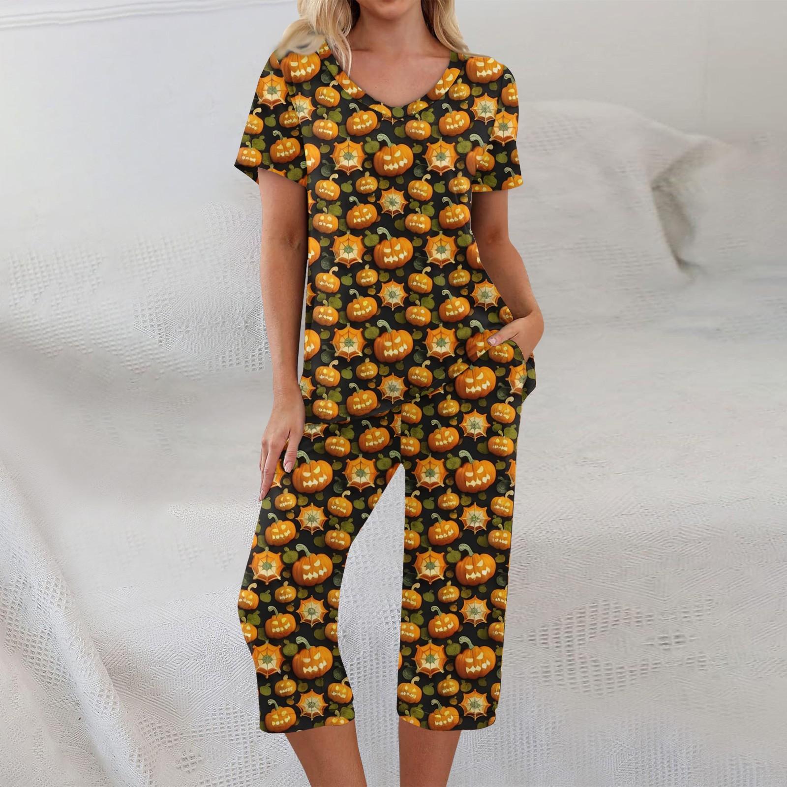 

Комплекты из 2 предметов для женщин: топ с коротким рукавом и брюки с карманами, мягкие комплекты для тренировок с принтом на Хэллоуин L винный