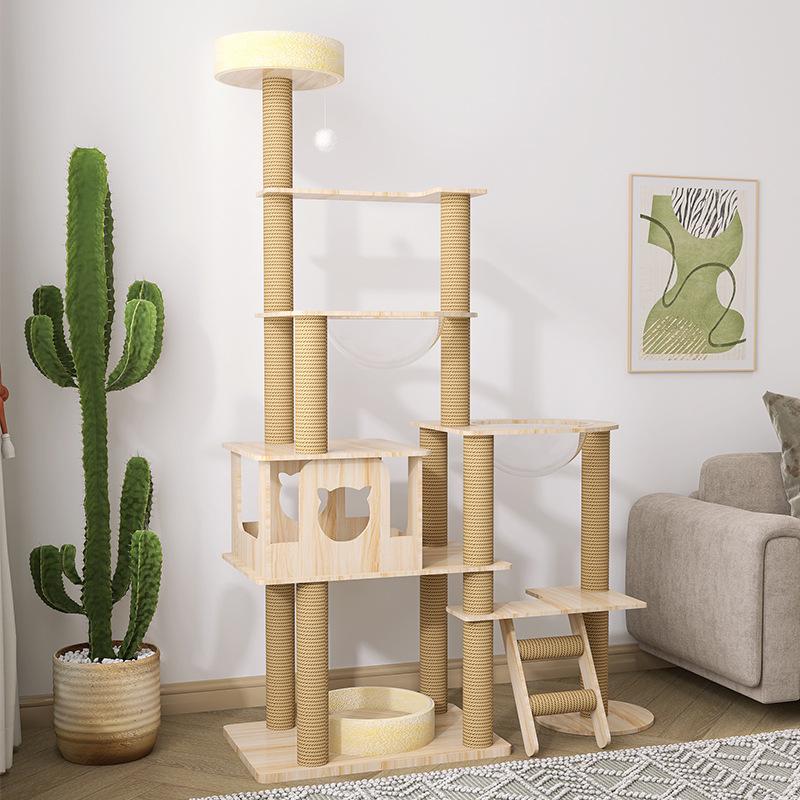 Solid Wood Multi-Layer Cat Condo with High Jump Platform & Sisal.