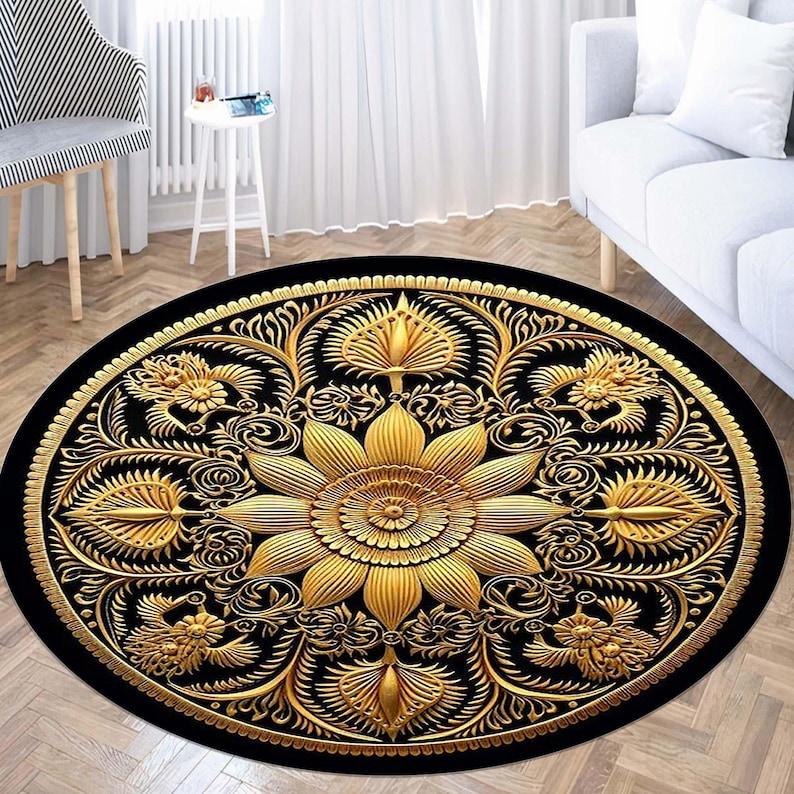 Gold Sun Mandala Round Rug, Black Gold Bohemian Luxury Carpet, Artistic Floor Mat for Home Decor, Meditation Yoga Rug