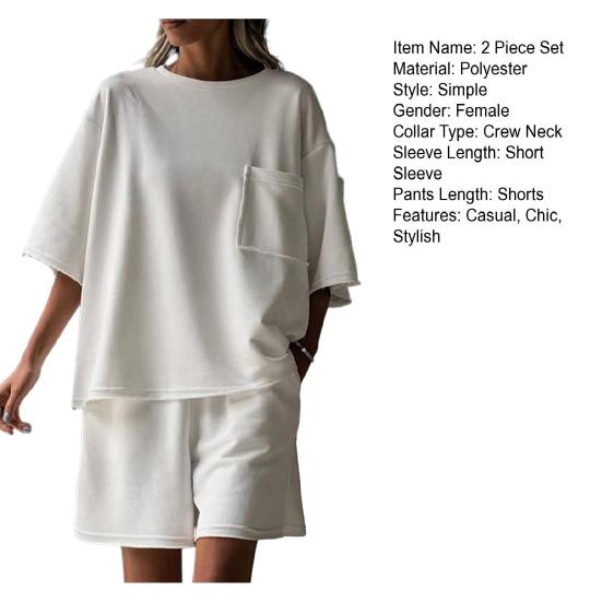 Women's Casual 2 Piece Outfit Crew Neck Short Sleeve Top Elastic Waist Shorts Set