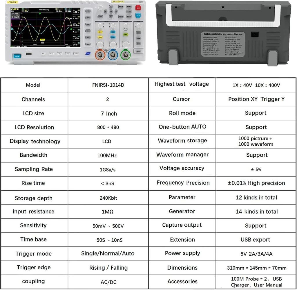 FNIRSI-1014D Digitales Oszilloskop 2 in 1 Zweikanal-Eingangssignalgenerator 100MHz* 2 Bandbreite 1GSa/s Abtastrate TFT-LCD