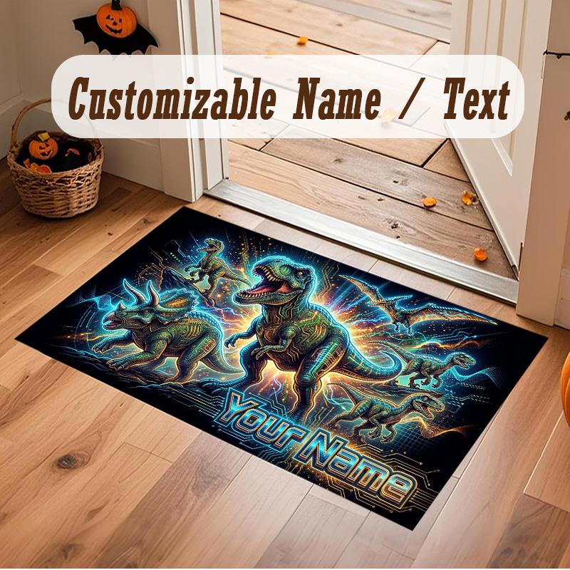 Dinosaur Theme Soft Crystal Velvet Rug Custom Name & Text Print Non Slip Floor Rug for Bedroom Living Room