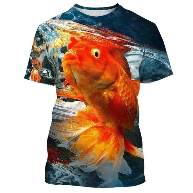 Modisches, neues T-Shirt mit Goldfisch-Muster und Aufdruck für Herren mit Street-Elementen, Rundhalsausschnitt, kurzärmelig, trendiges Oberteil in Übergröße