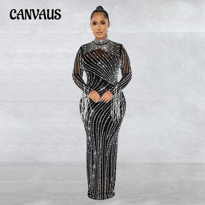 Modisches Damen-Netzkleid mit durchsichtigen Rauten, langärmelig, gefüttert, zweiteilig